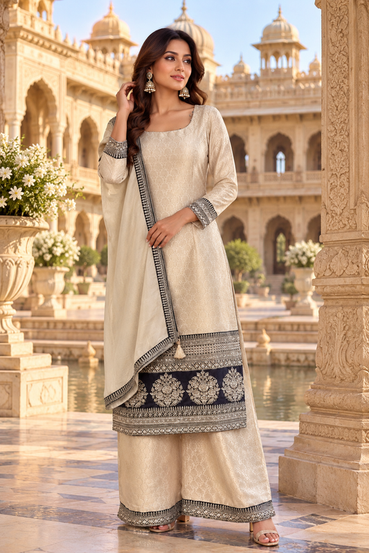 Off white and gold salwar kameez with sequins and zari work with pants