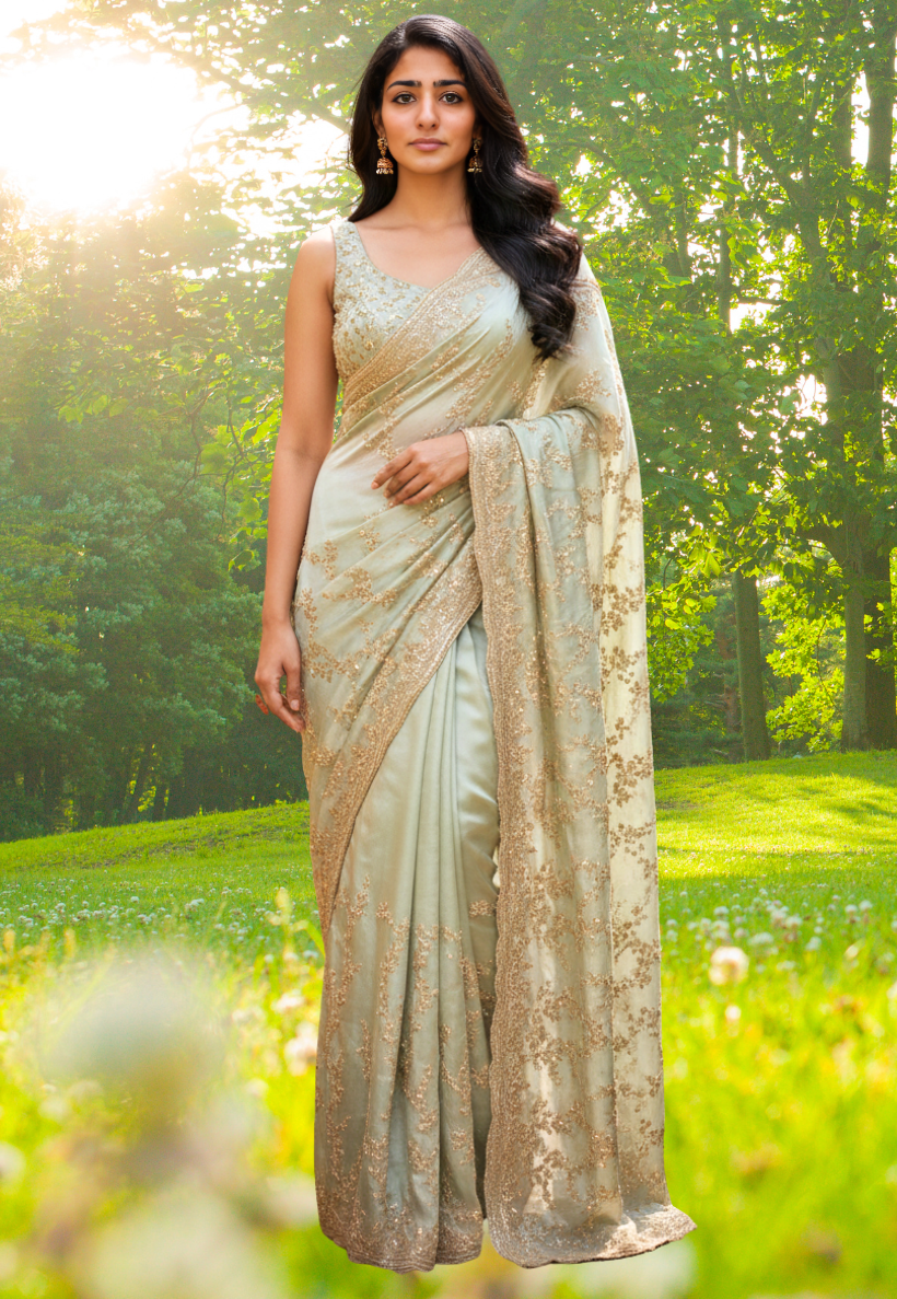 Mint green tissue silk saree with intricate gold beadwork and sequins.
