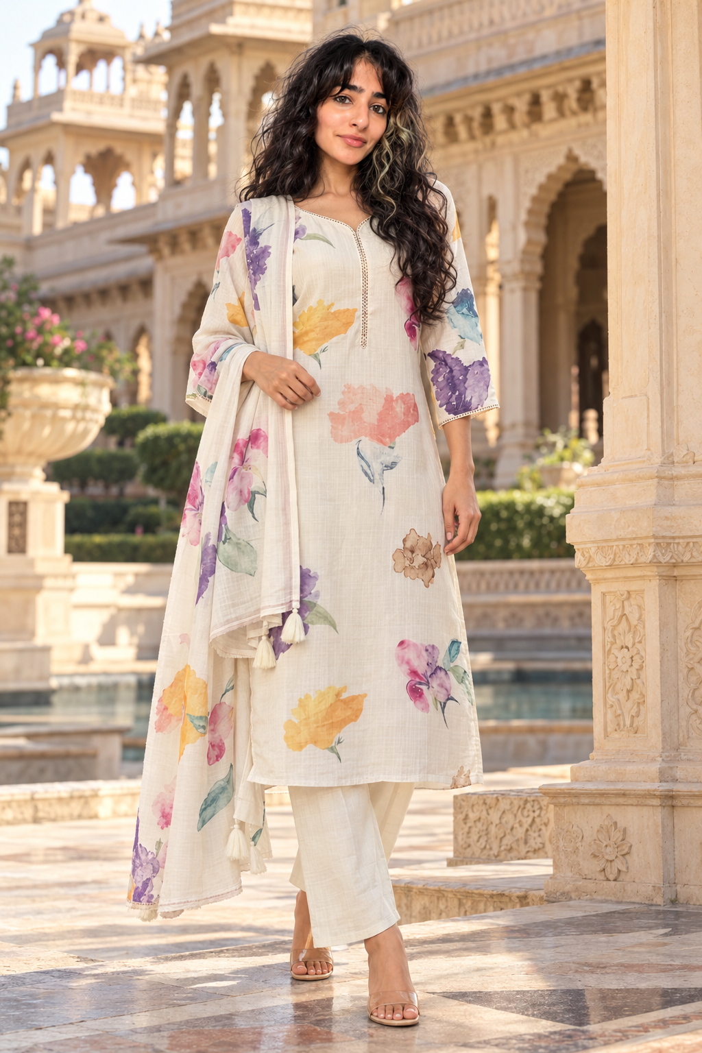 Cream salwar kameez with floral multicolour pattern