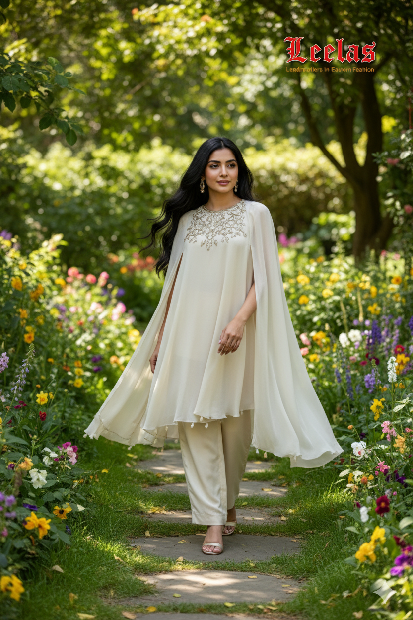 Cream silk Indo Western top and pants with motif and bead work