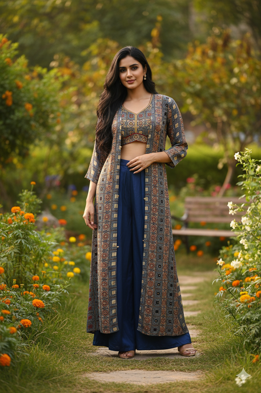 Satin navy blue and maroon abstract print Indo Western long jacket with ready made blouse and plain navy satin pants