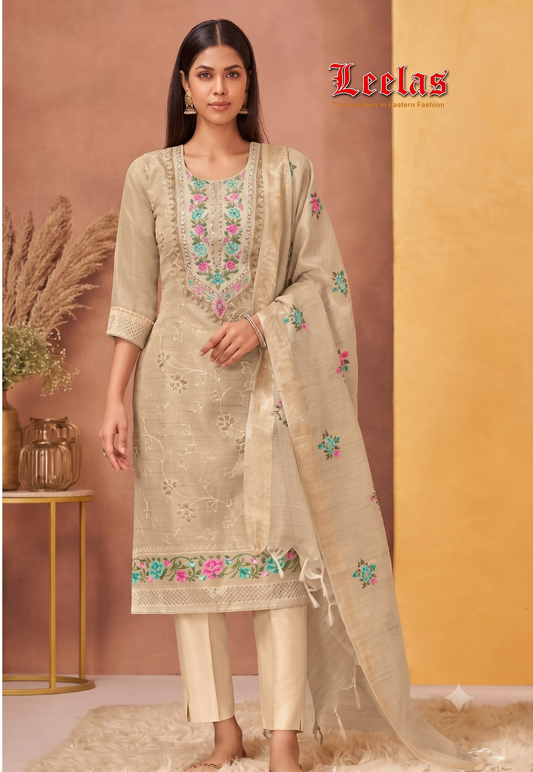 Cream and floral embroidered silk Shagufta salwar kameez with matching dupatta and plain cream silk pants