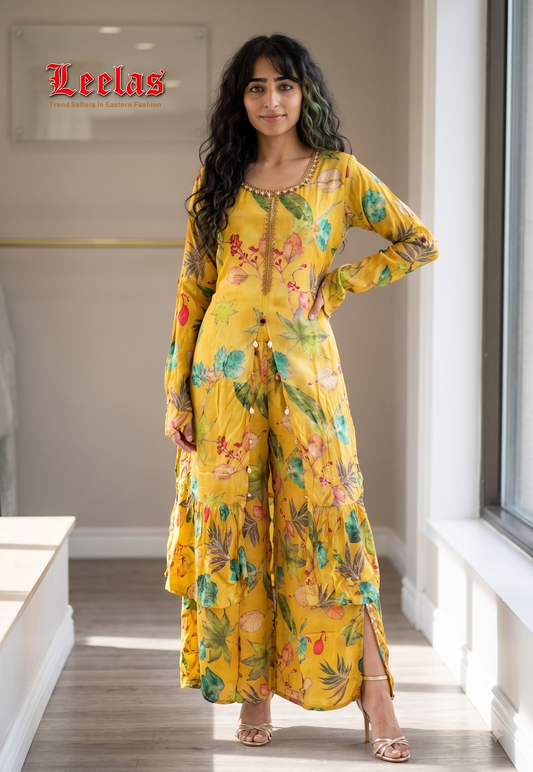 Mustard floral cotton indo westen top with matching pants
