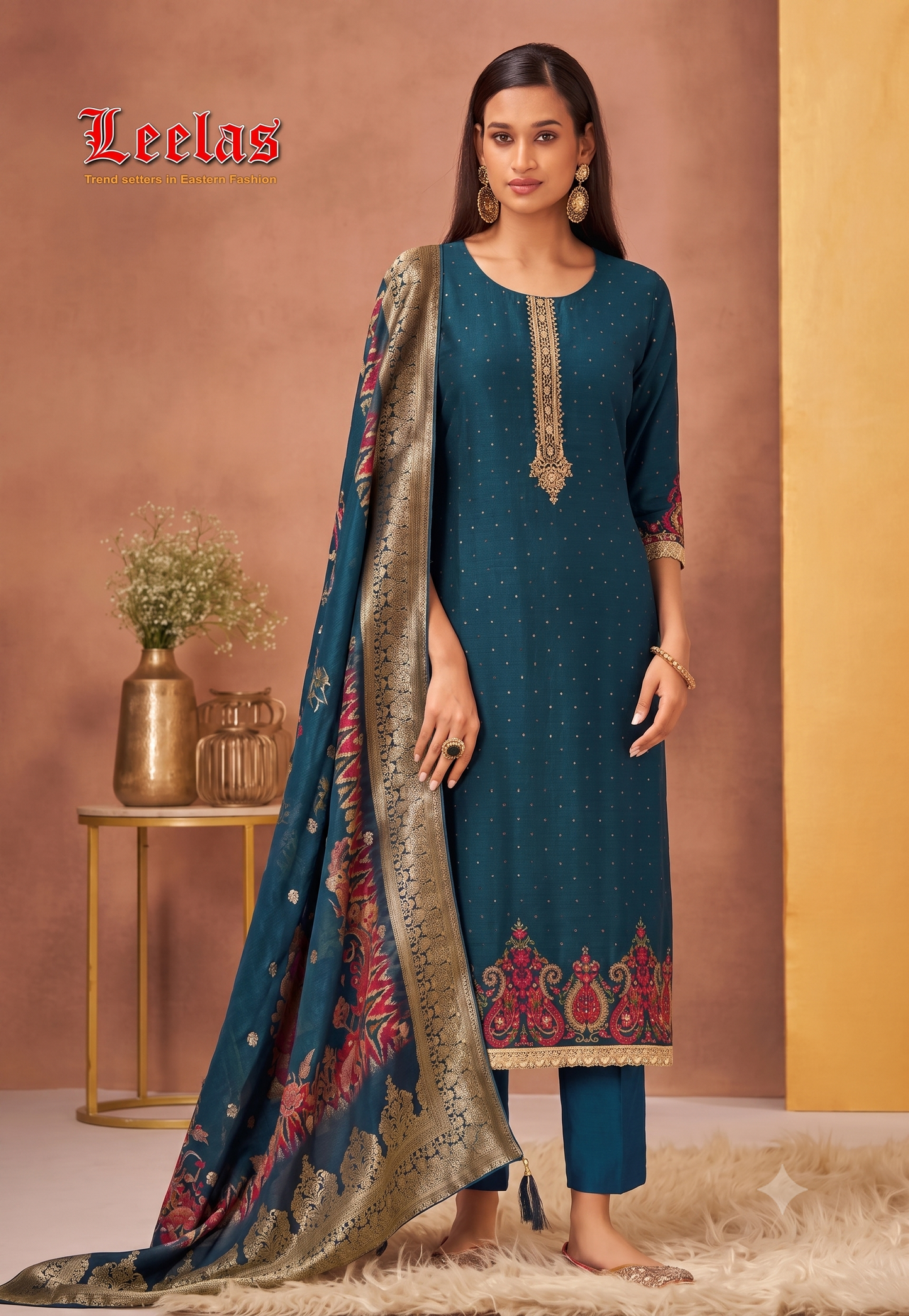Navy silk  Shagufta salwar kameez with maroon and gold embroidery on the border, navy patterned embossed gold dupatta and navy pants