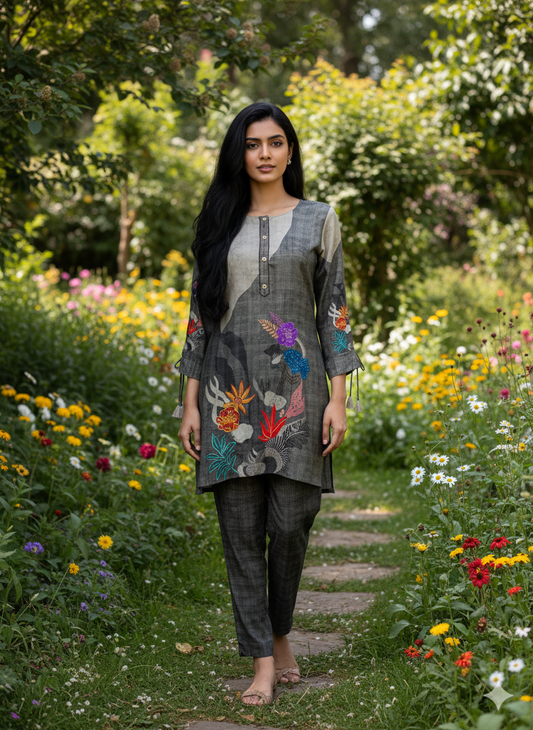 Grey and black silk co-ord set with floral detail on the top and black and grey printed pants