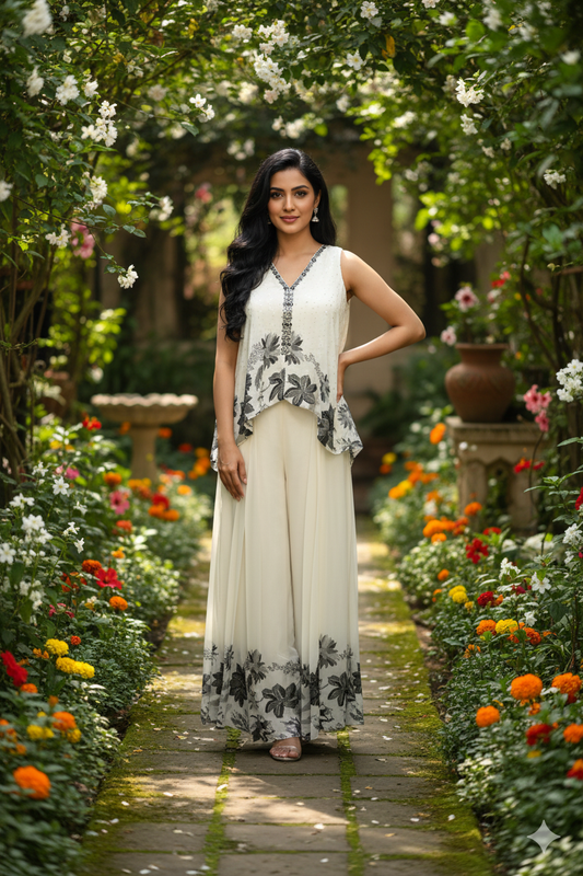 Cream georgette indo western top and pants with black floral print and mirror work