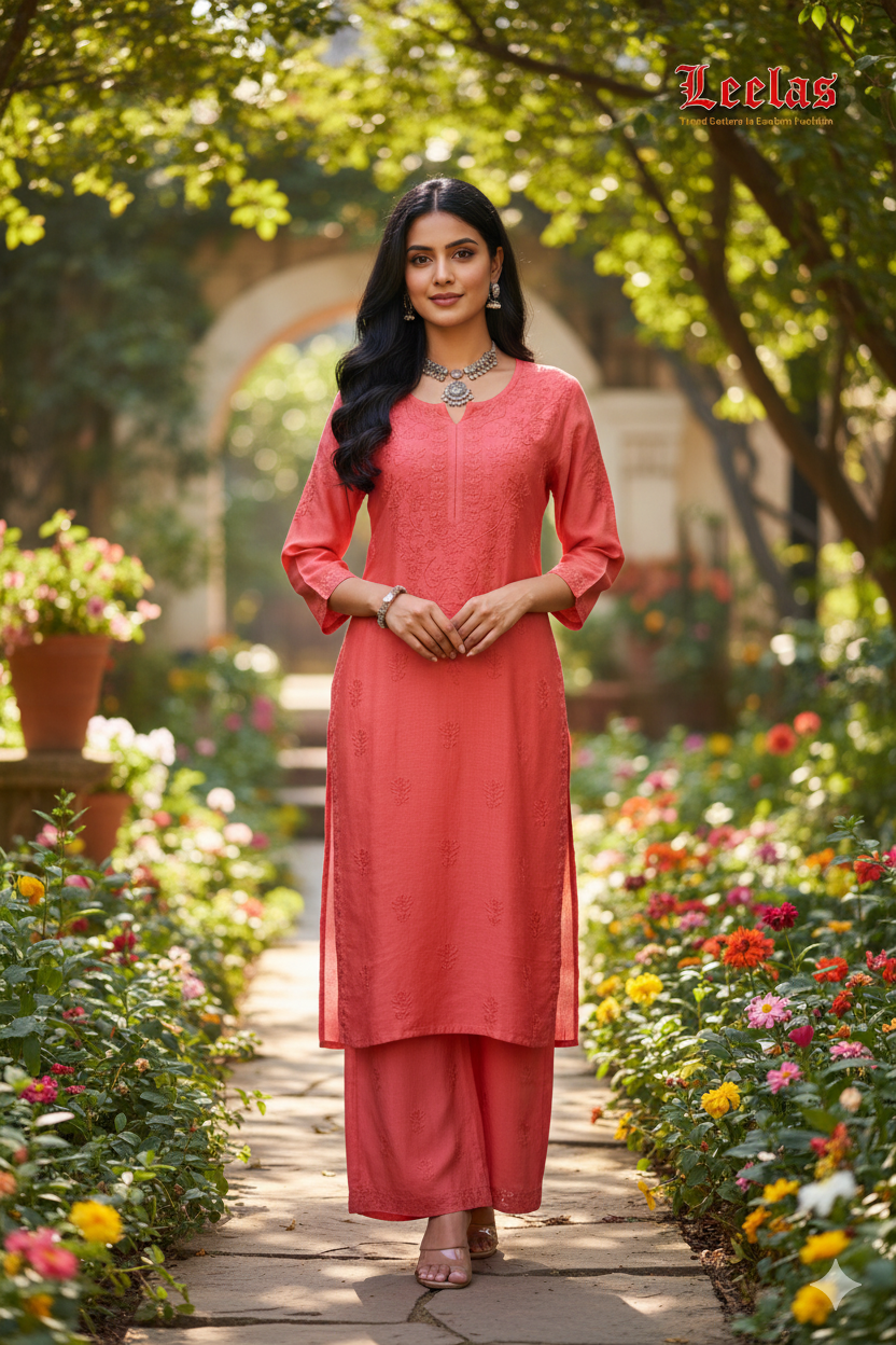 Two toned coral pink kurti set with embroidery work