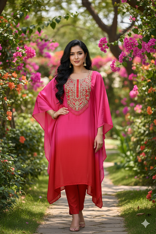 Cerise pink and red batwing silk indo western top with red pants