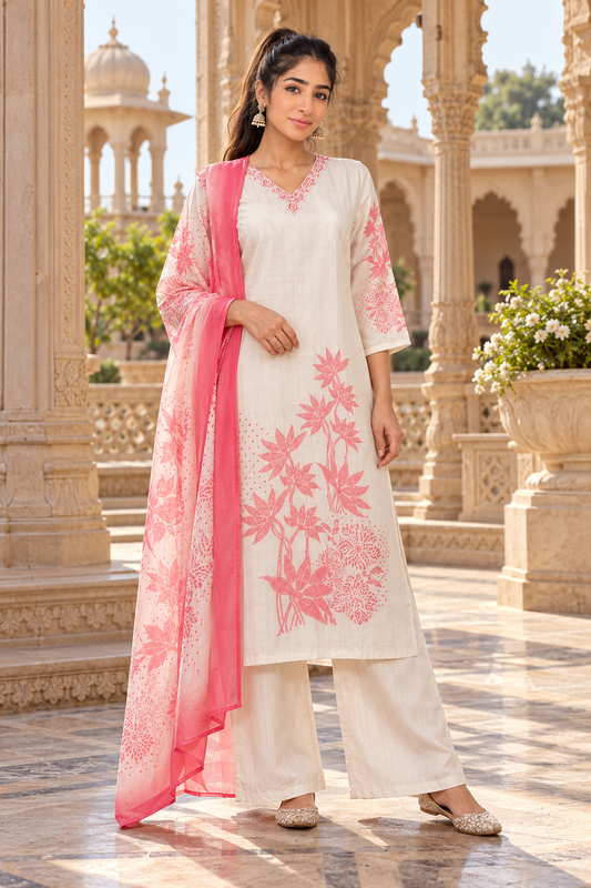 Cream and peach salwar kameez with bead and embroidery