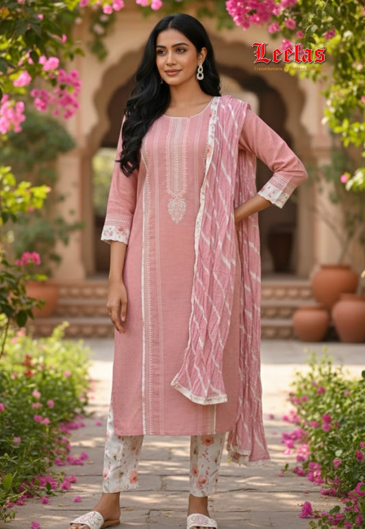 Pink cotton Shagufta salwar kameez with cotton embroidery and and floral pants