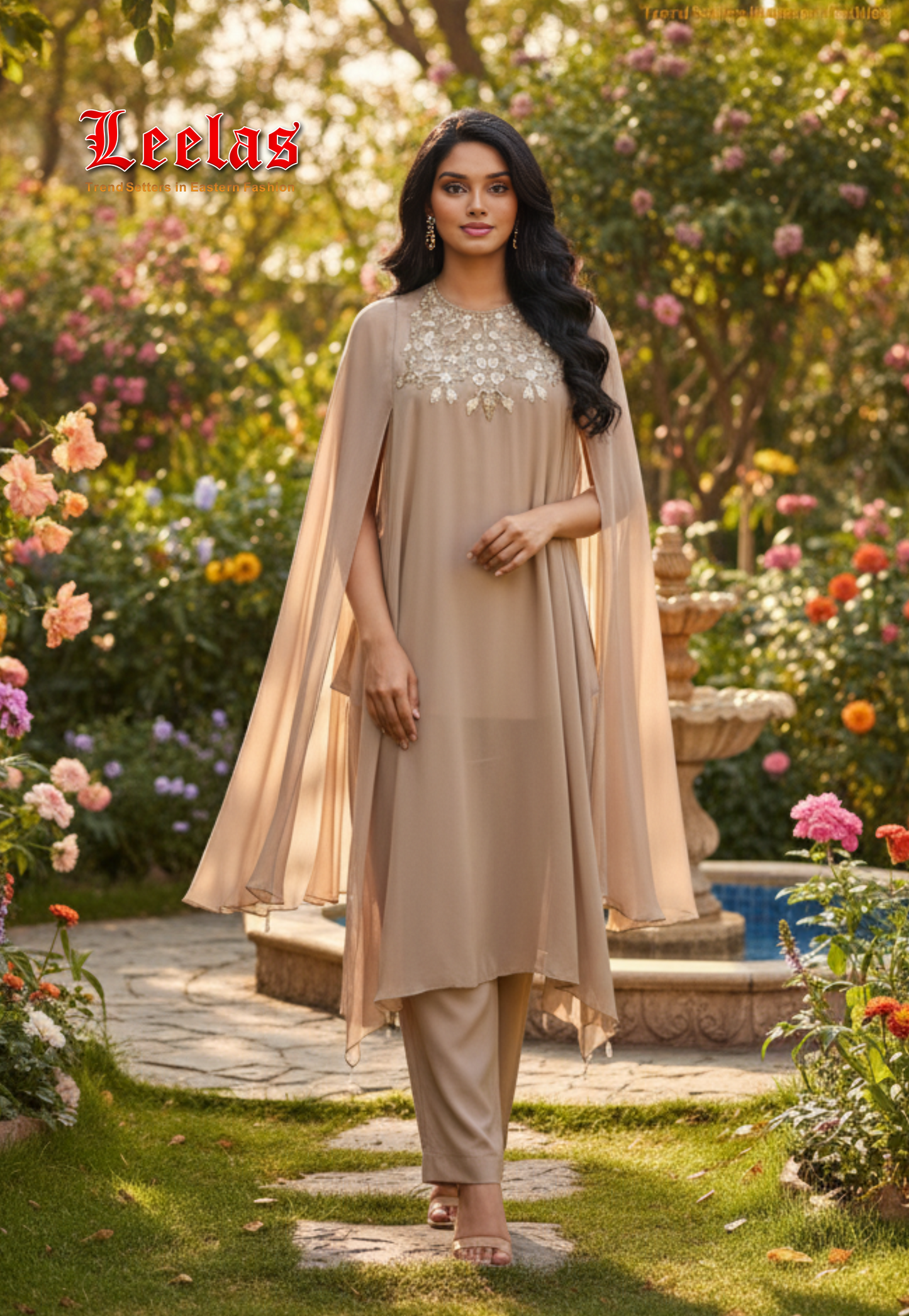 Bronze silk Indo Western top and pants with motif and bead work