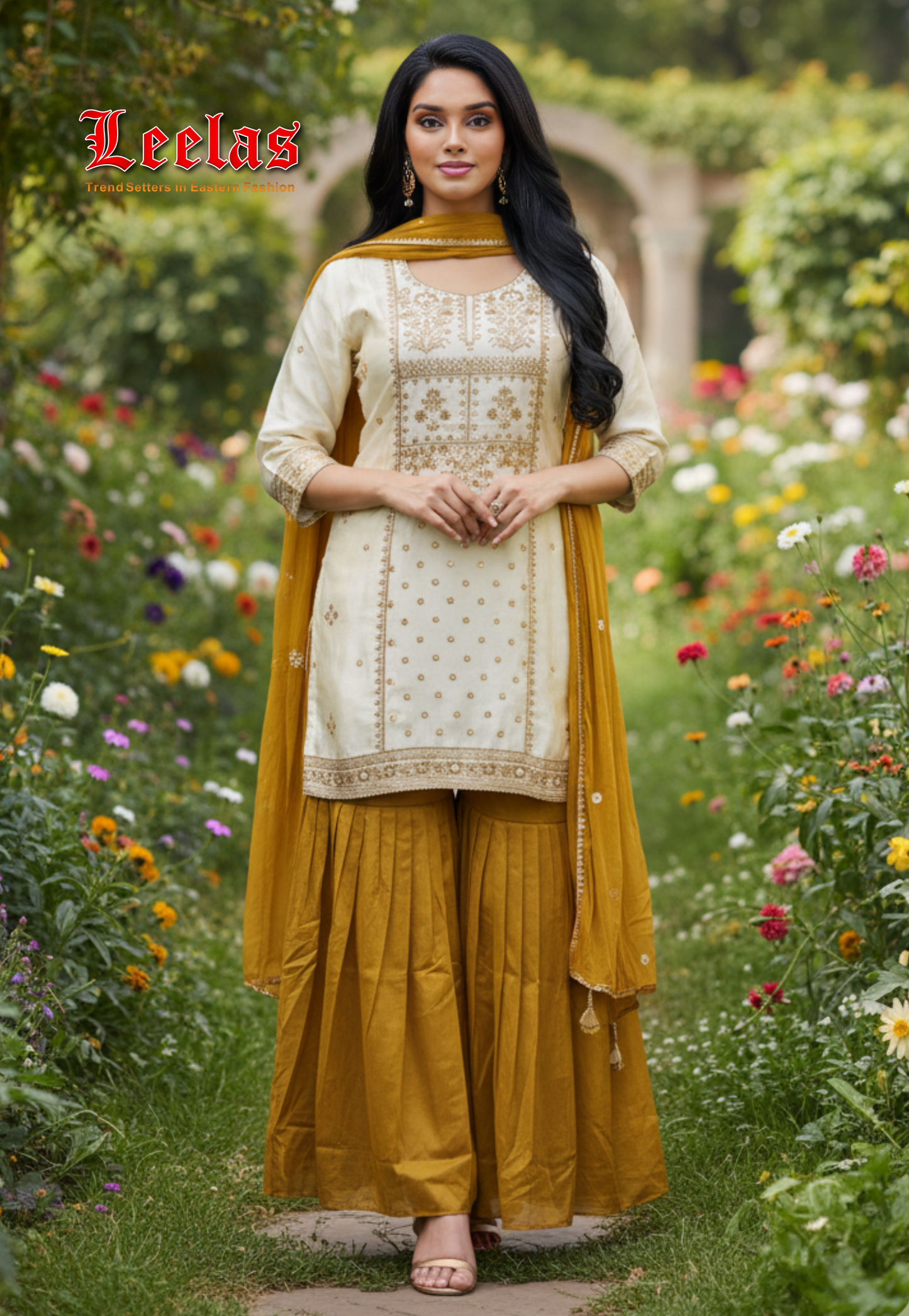 Cream and mustard silk sharara with embroidery and sequin work on the jacket