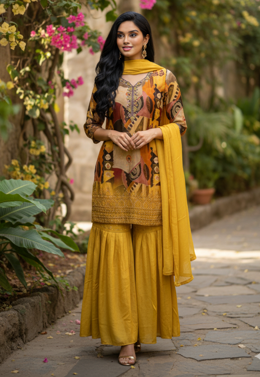 Mustard silk abstract print sharara