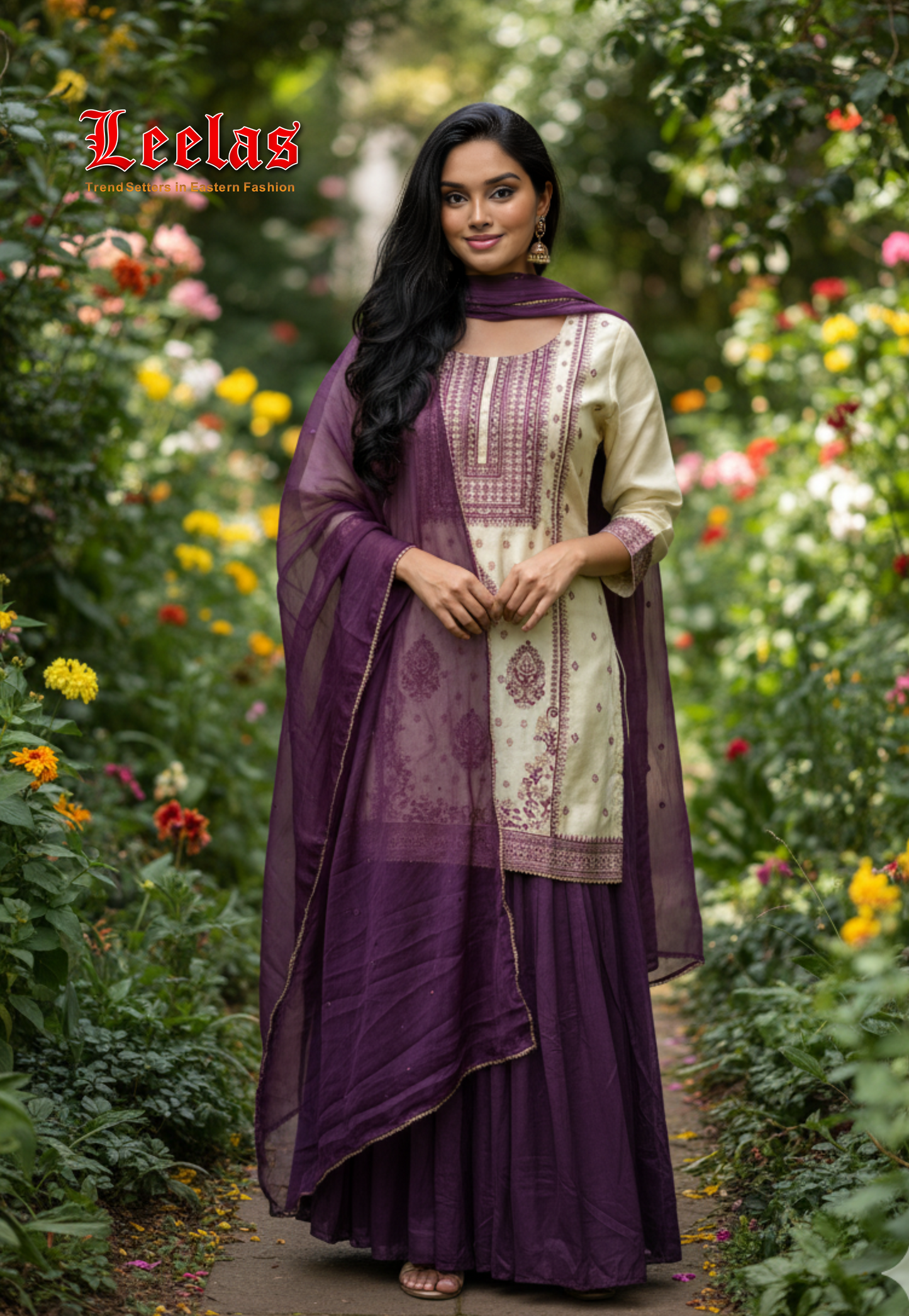 Cream and aubergine silk sharara with embroidery and sequin work on the jacket