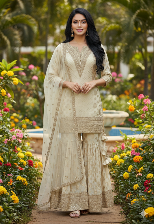 Cream and gold sharara