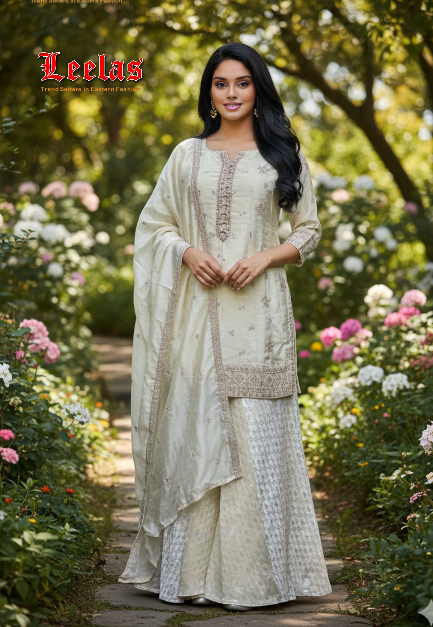 Cream and gold silk sharara with embroidery and sequin work and matching gold and cream dupatta