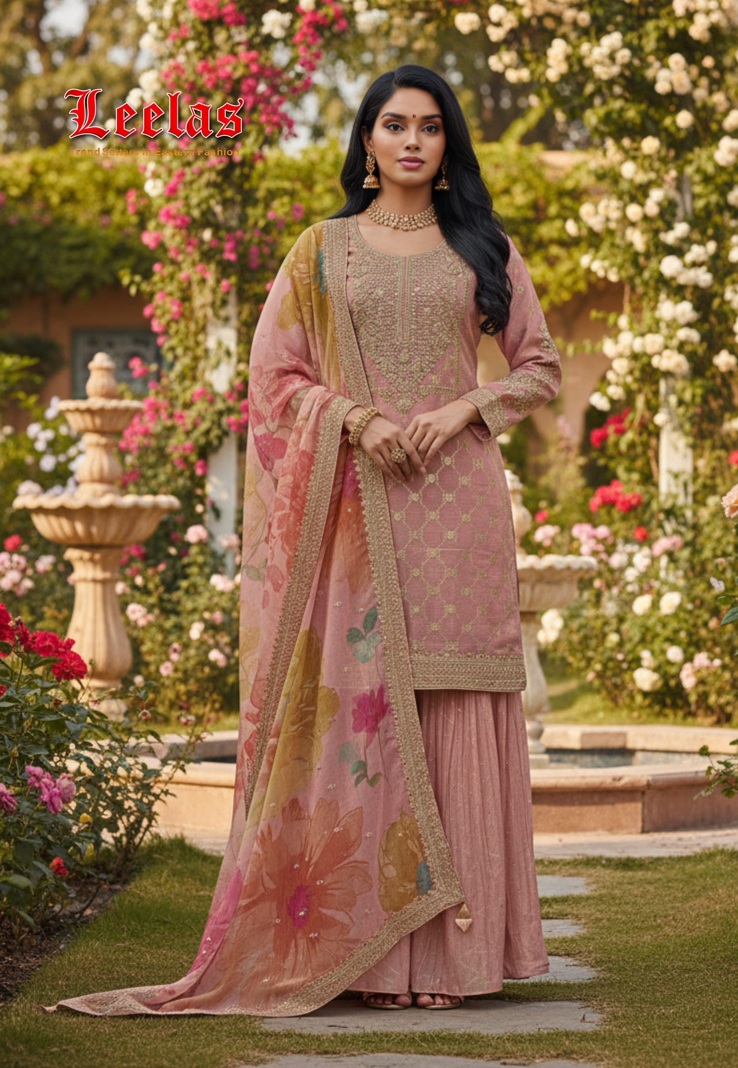 Light pink and gold cotton silk sharara with pallazzo pants and multi-colour scarf