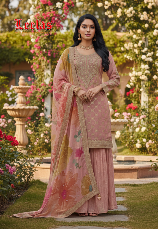 Light pink and gold cotton silk sharara with pallazzo pants and multi-colour scarf