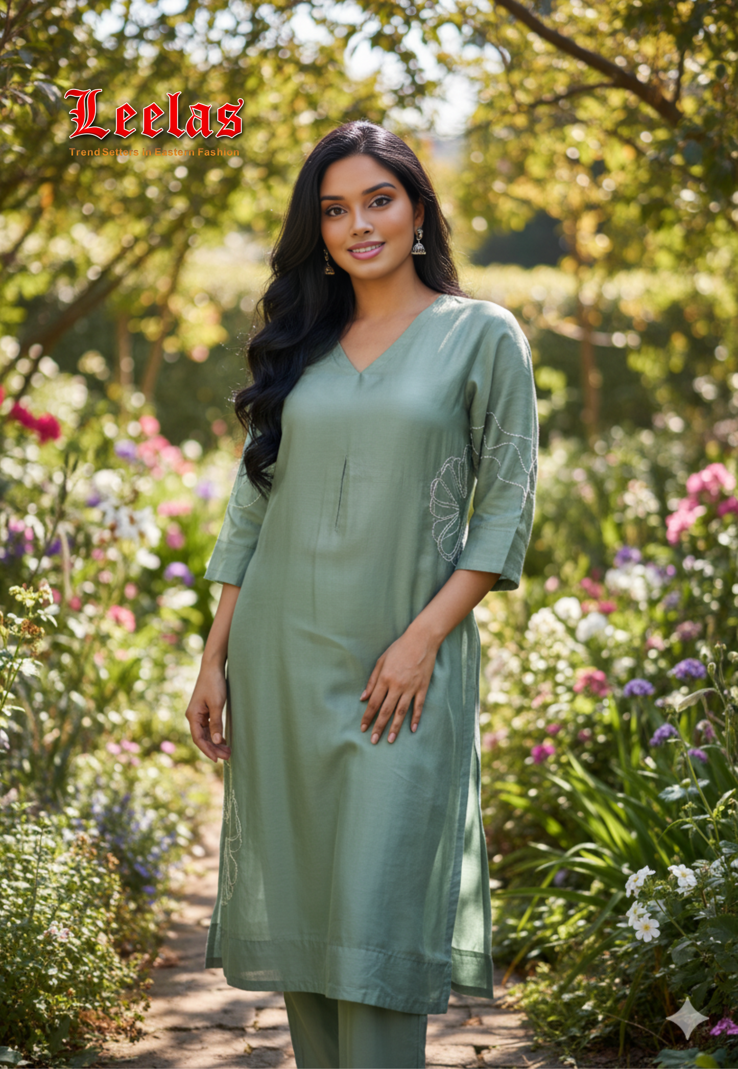 Mint green kurti set with emroidery on detail on the kurti