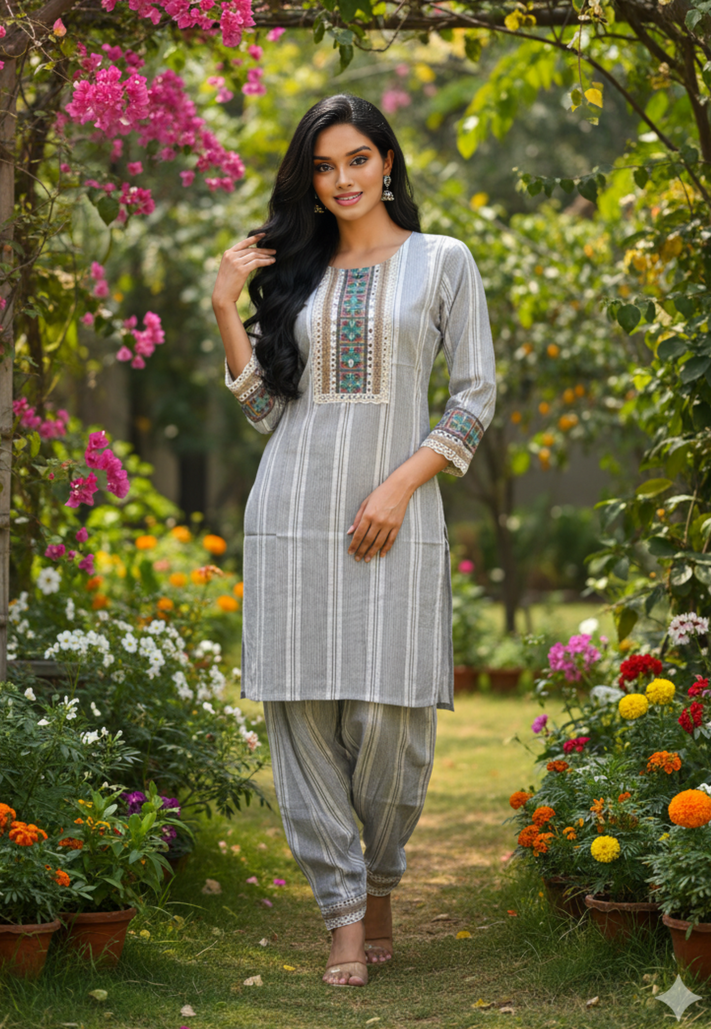 White and black striped cotton kurti top with matching white and black cotton striped pants