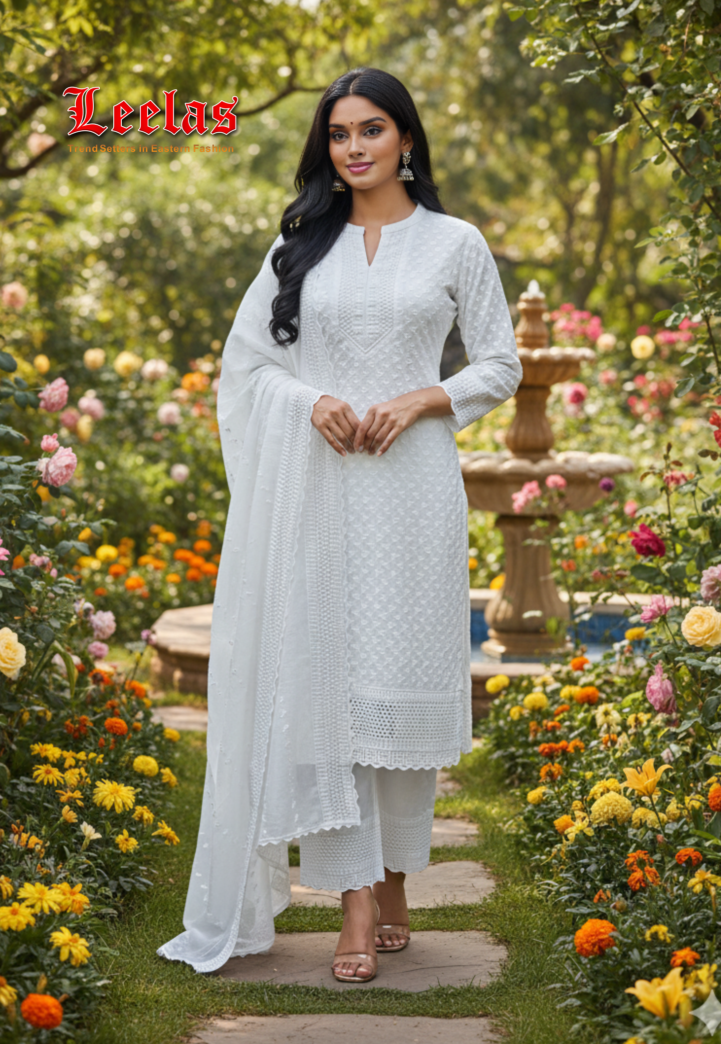 White round neck cotton salwar kameez, white matching dupatta