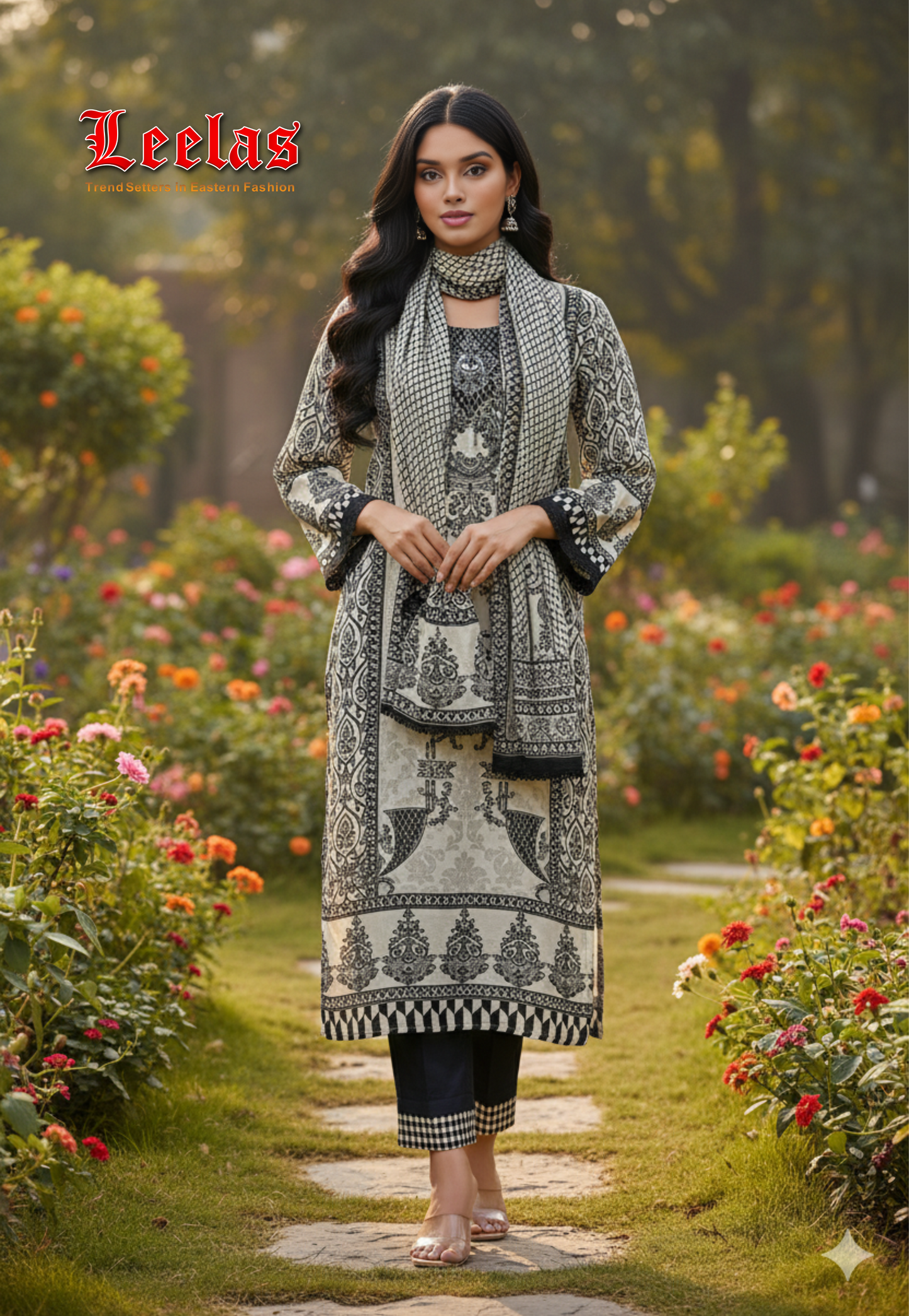 Black and cream printed silk salwar kameez with stonework with matching dupatta