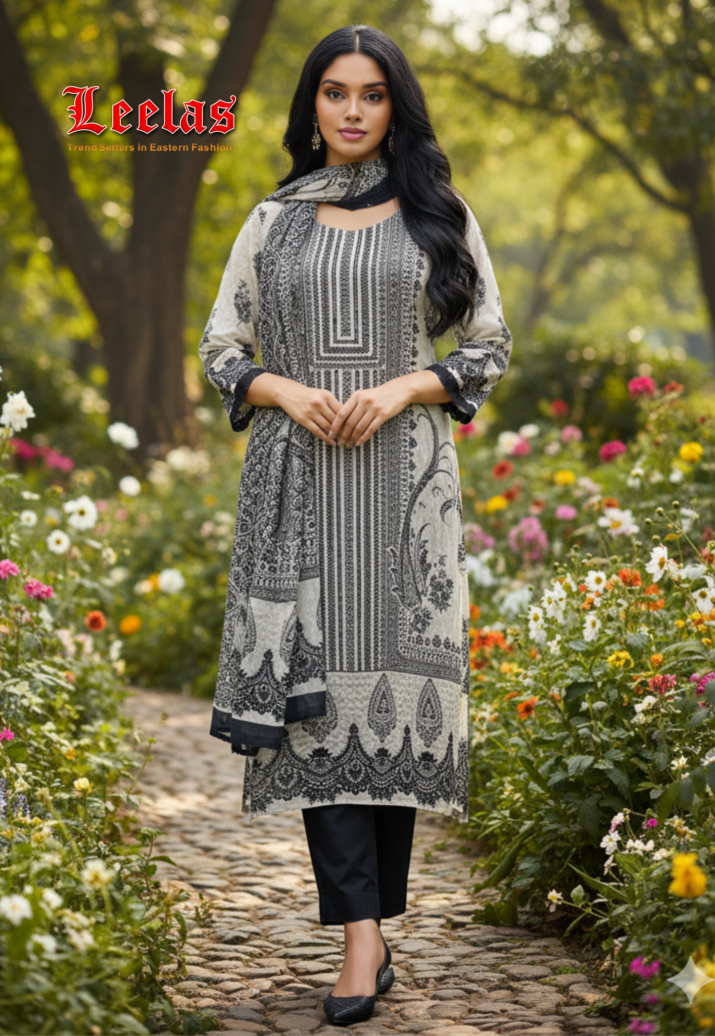 Black and cream printed silk salwar kameez with stonework with matching dupatta