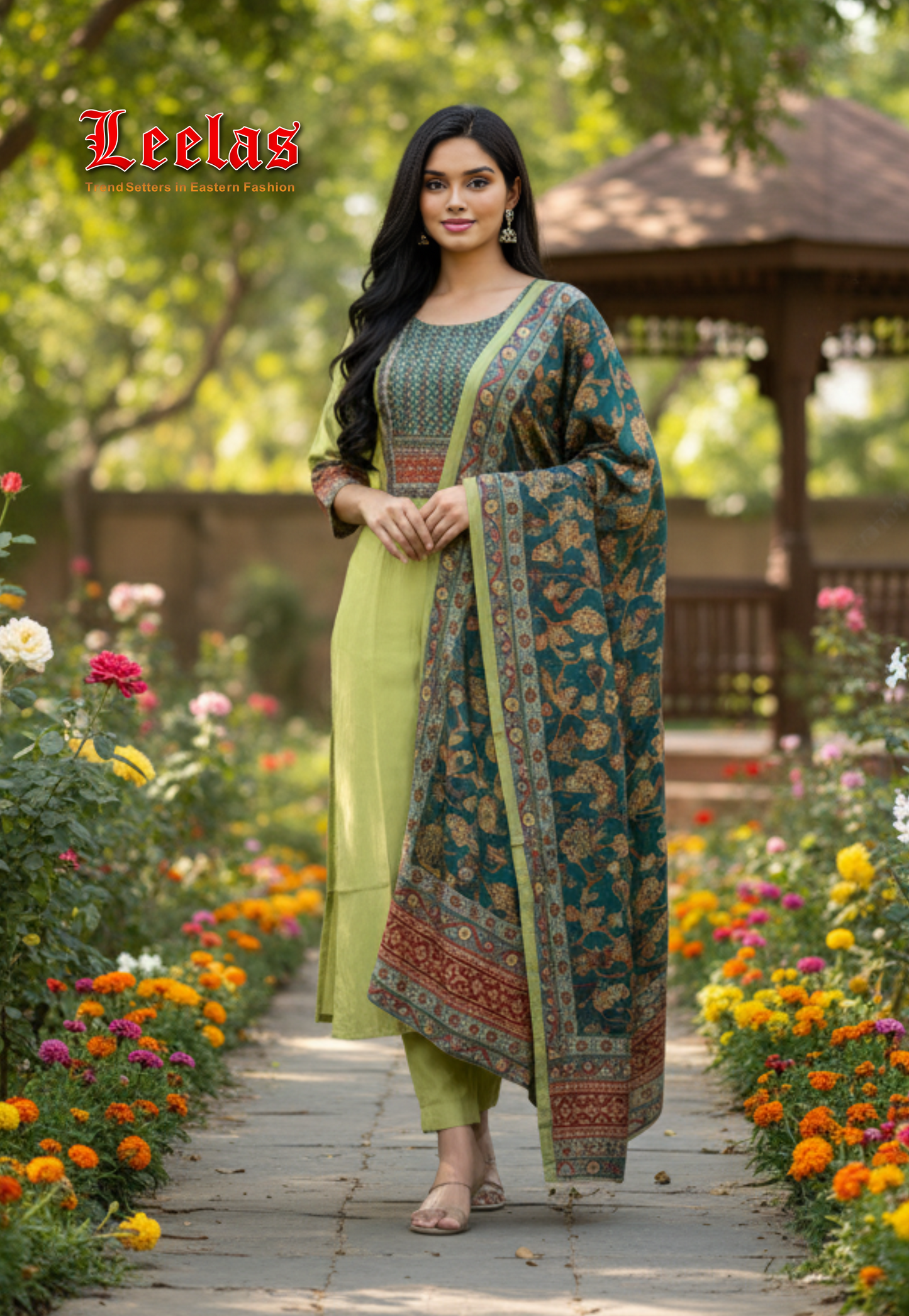 Avocado green anarkali style silk salwar kameez