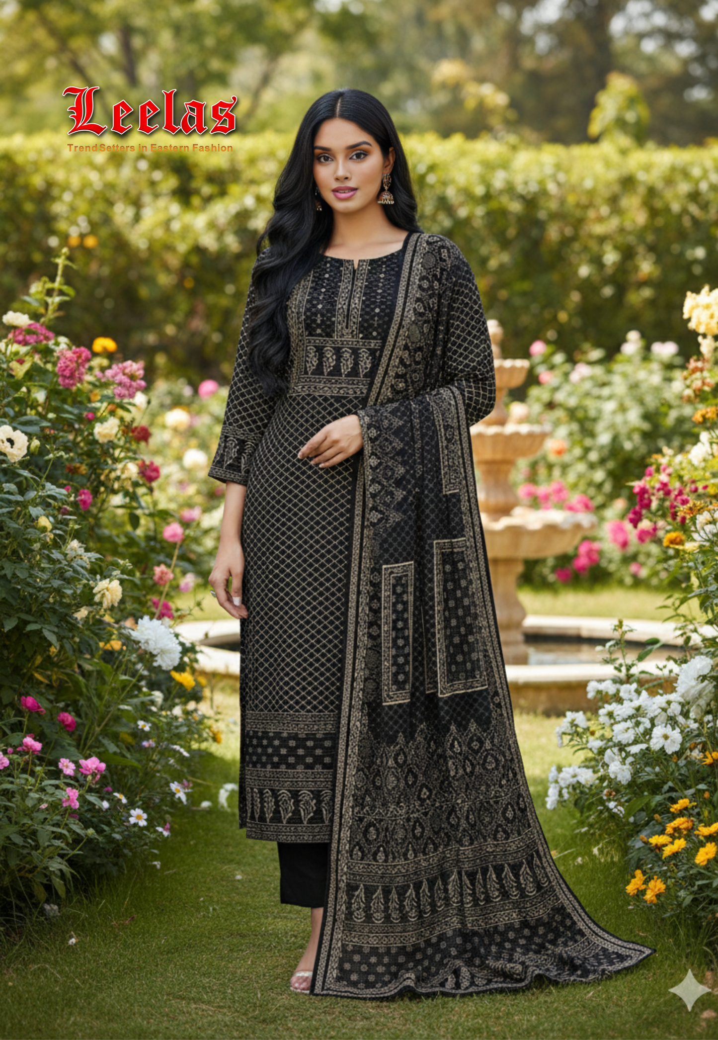 Silk black and gold printed salwar kameez with sequins and stonework on bodice and plain black pants