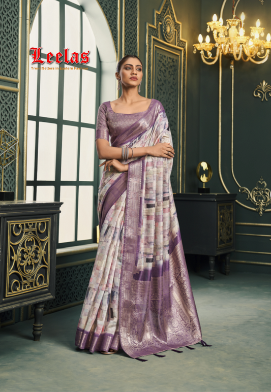 Purple printed cotton brasso saree