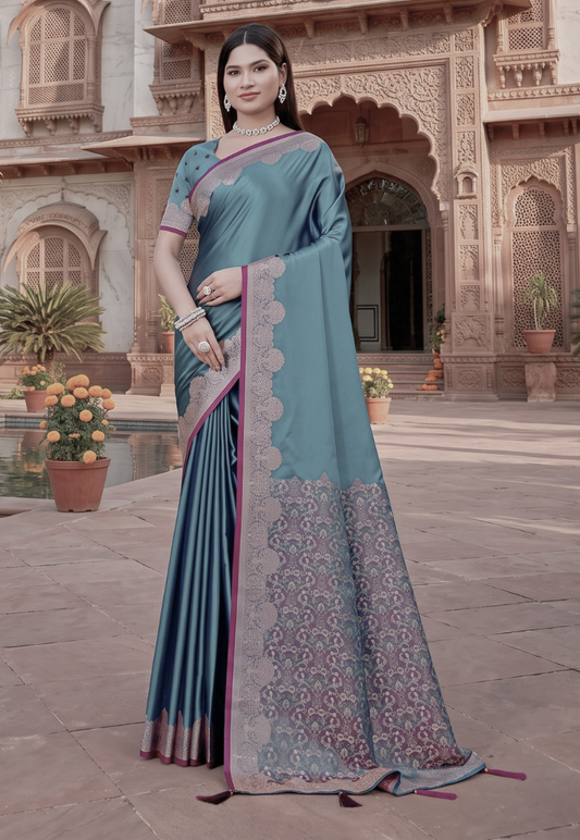 Grey blue  satin  banarasi silk saree with matching blouse piece unstitched