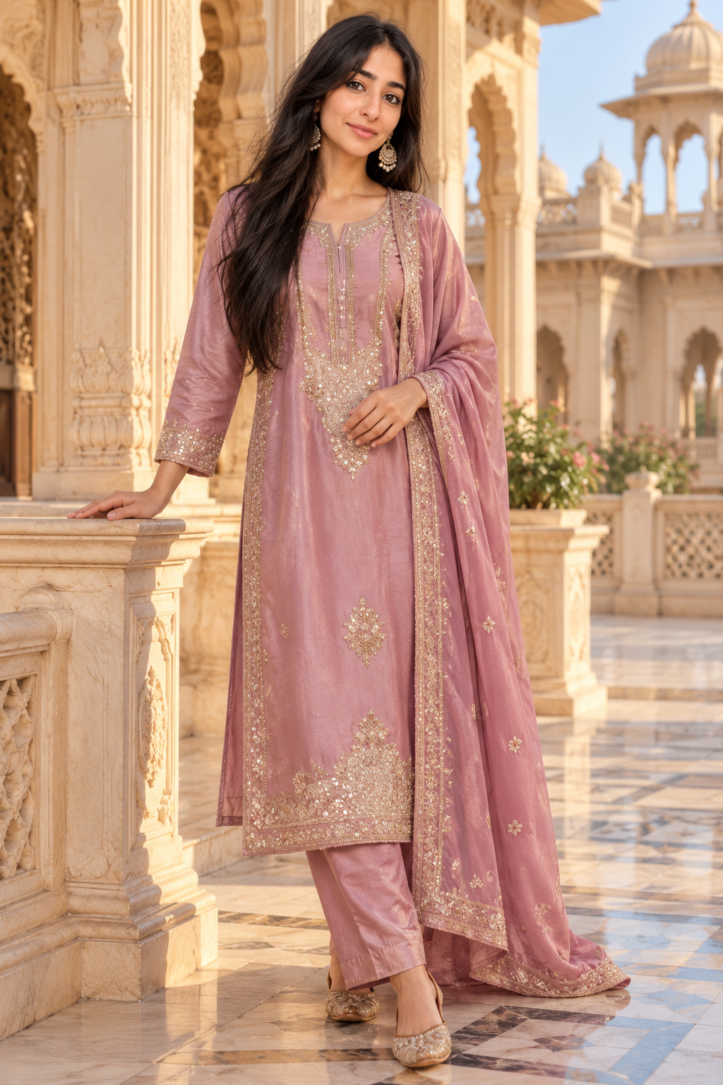 Shimmer mink salwar kameez with bead, sequins and embroidery
