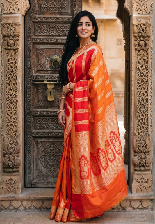 Burnt orange banarasi style art silk saree with intricate metallic gold zari work and floral arched edge border