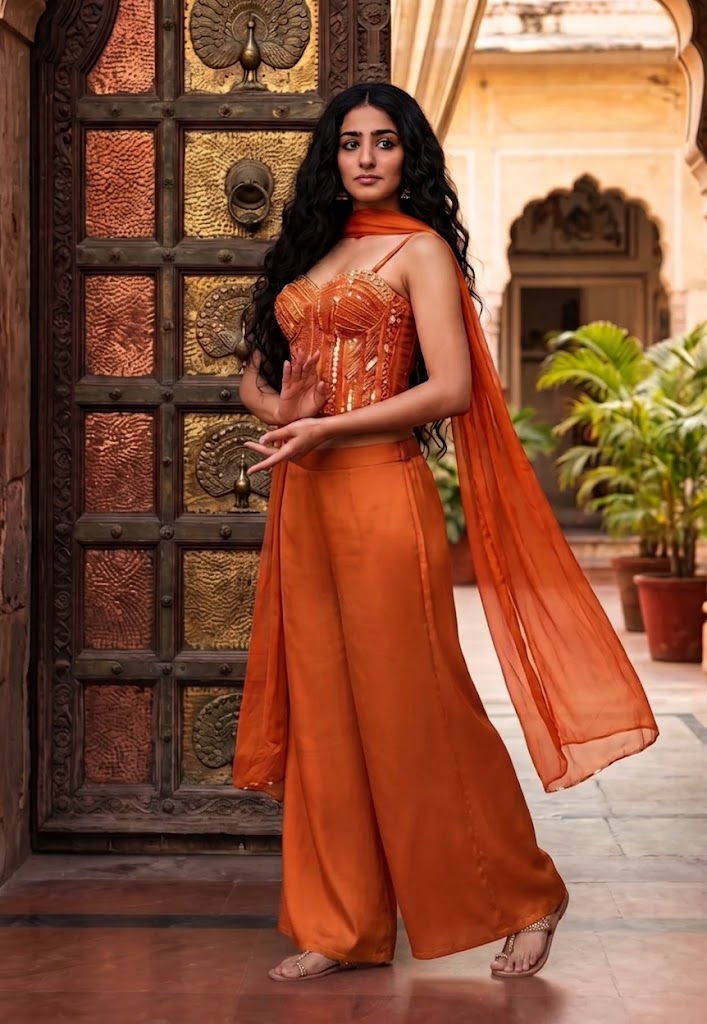 Orange Indo-Western corset style top with embroidery and sequin detail with matching palazzo pants