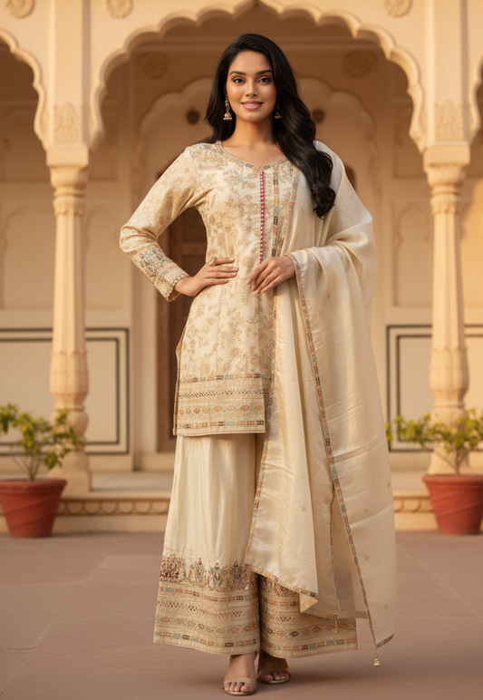 Cream and gold silk sharara