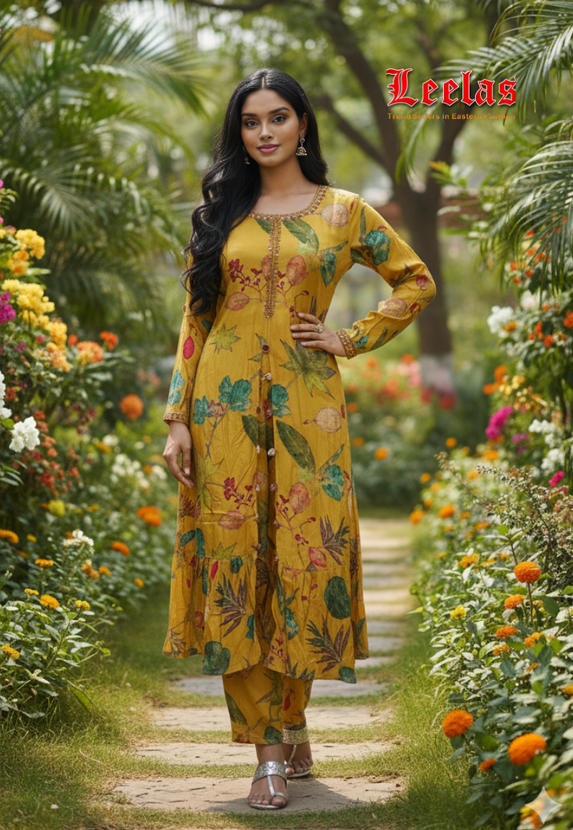 Mustard floral cotton Indo-Western top with matching pants