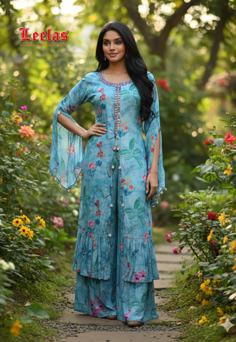 Blue floral cotton Indo-Western top with matching pants
