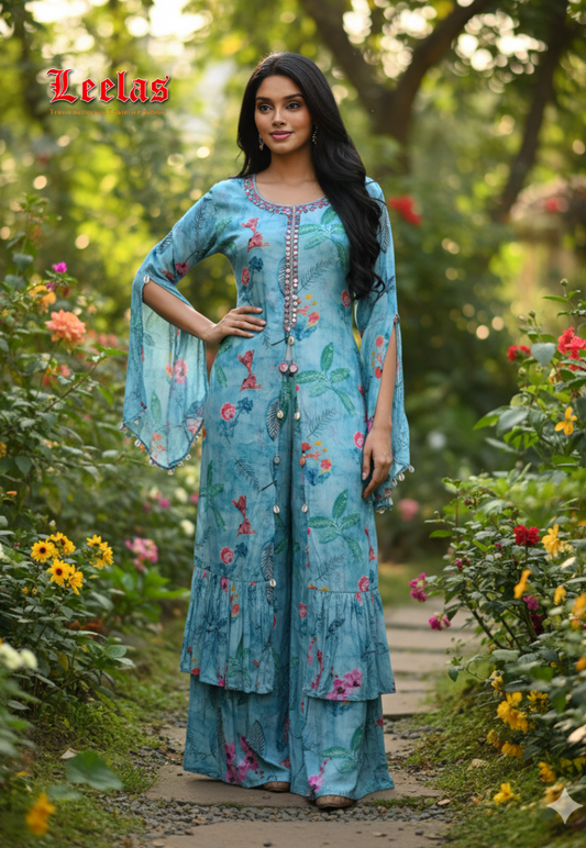 Blue floral cotton indo westen top with matching pants