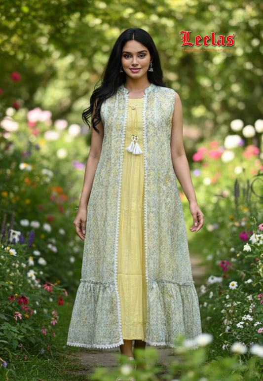 Lemon yellow sleeveless cotton dress with printed green and lemon floral sleeveless jacket