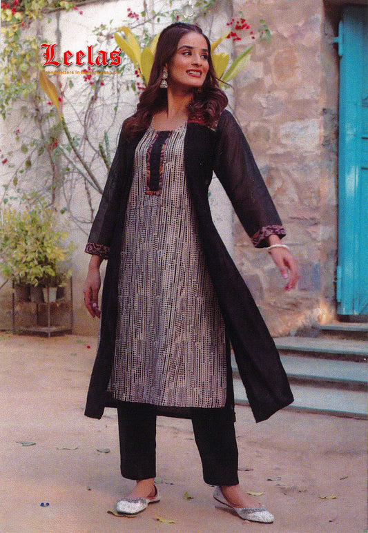 Black and cream cotton printed salwar kameez