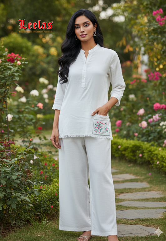 Beige Linen Chinese Collar Top with embroidery detail and matching pants