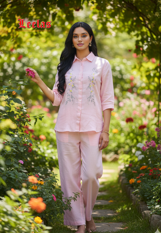 Light pink cotton shirt with embroidery detail and plain light pink pants