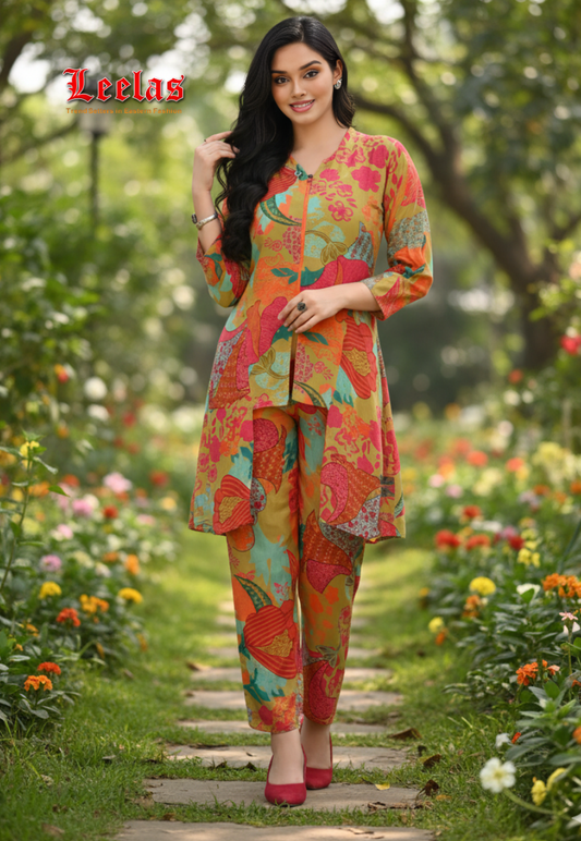 Mustard floral multi-colour Indo Western top and matching floral pants