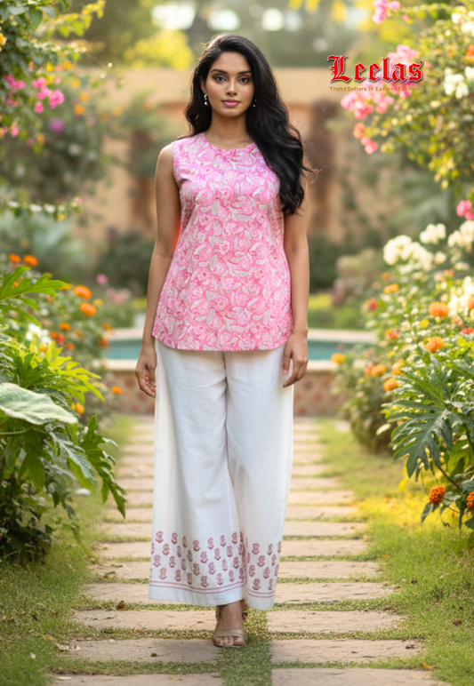 Pink and white cotton kurti set
