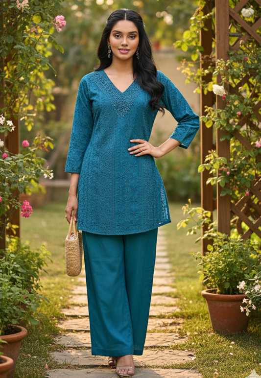 Peacock blue cotton anglaise indo western top matching peacock blue pants