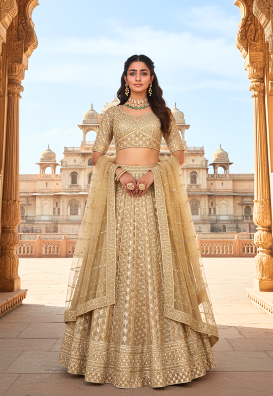 Sabyasachi inspired mustard and gold lengha choli with intricate embroidery and decorative multi-colour border on the hem and matching "V" neck blouse piece