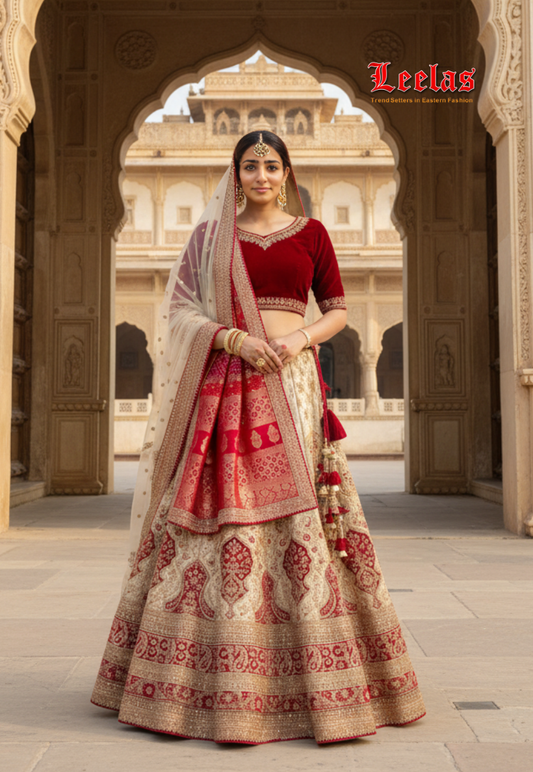 Bridal semi-stitched lengha with gold and maroon intricate embroidery with zari work and stone embellishments
