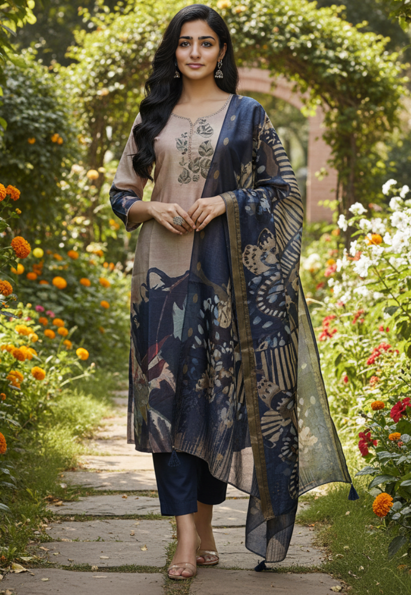 Cream and navy digital printed salwar kameez