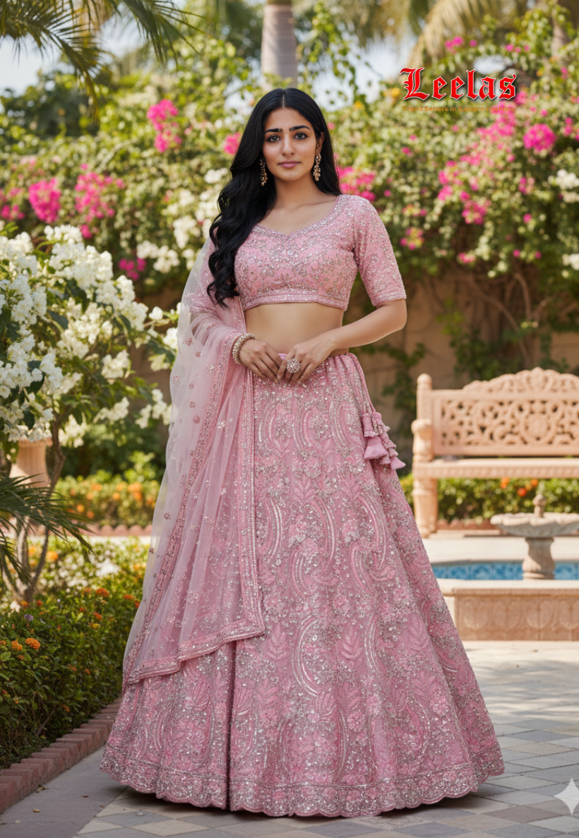Baby pink net/satin with stonework lengha with blouse piece