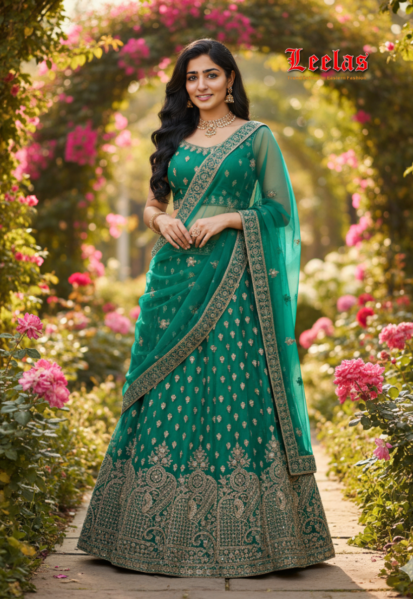 Green Net/satin with gold Embroidery  work lengha with blouse piece